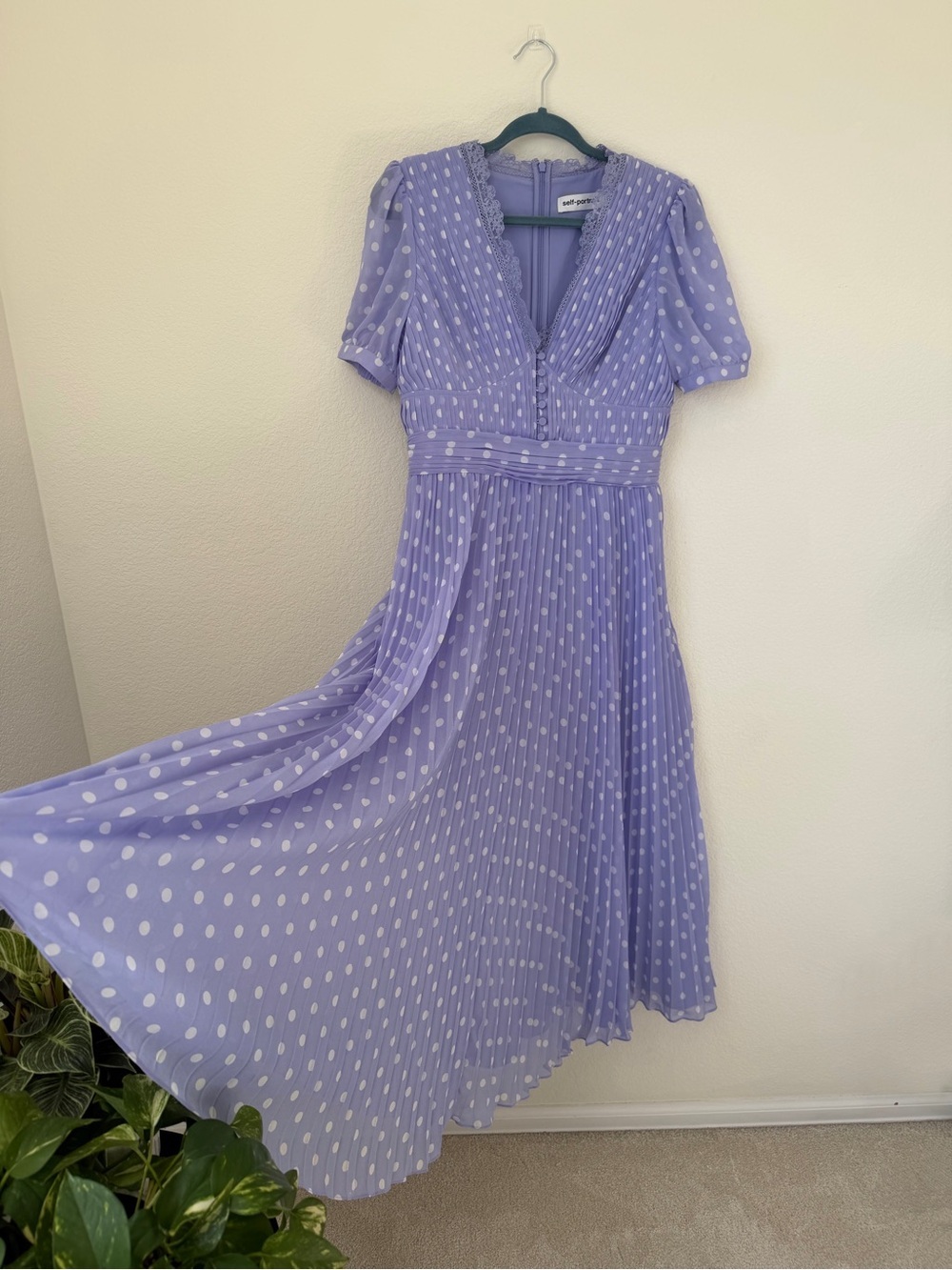 Self-Portrait Lilac Polka-Dot Print Pleated Chiffon Midi Dress US 8 - Picture 11 of 16